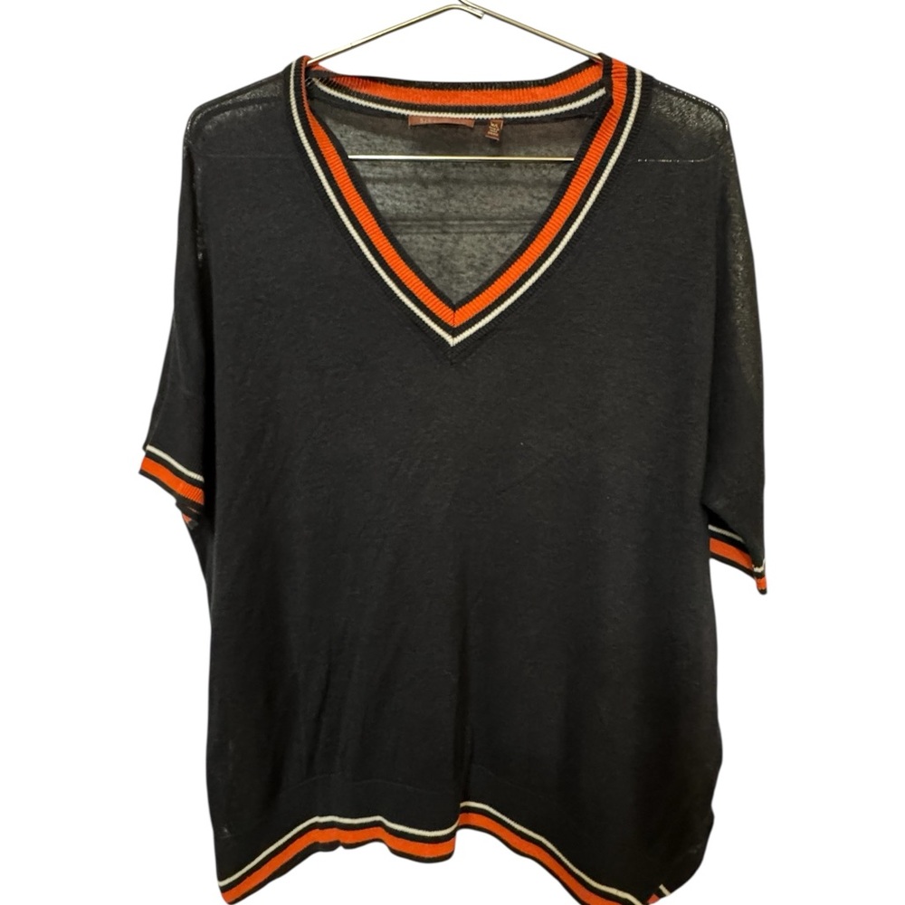 High End 525 America Black V-Neck Sweater Linen Blend Orange White Women’s M
